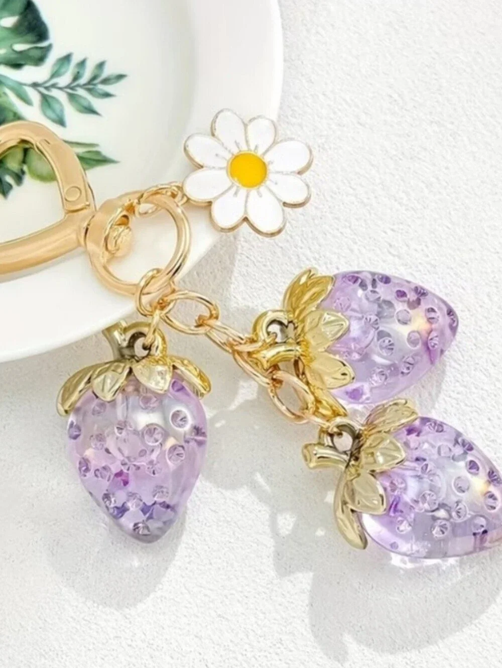 Gold Heart Keyring w/Lilac Strawberry & Daisy Charms